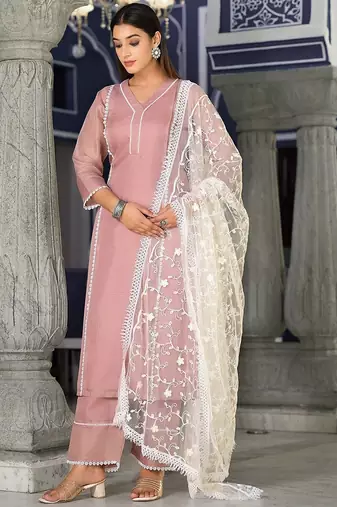 Floral Regular Thread Work Kurta with Trousers & Dupatta
