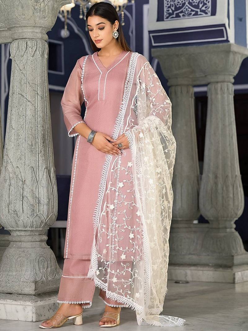 Floral Regular Thread Work Kurta with Trousers & Dupatta
