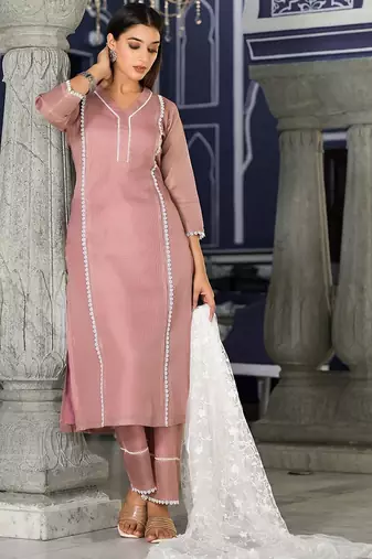Floral Regular Thread Work Kurta with Trousers & Dupatta