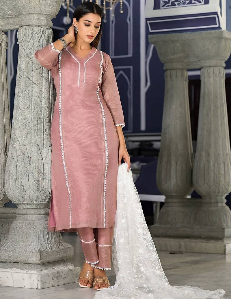 Floral Regular Thread Work Kurta with Trousers & Dupatta