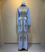 Sky Blue Embroidered Hooded Kaftan Dress with Gold Detailing Stitched Dresses