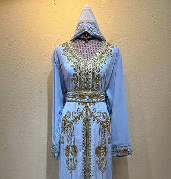 Sky Blue Embroidered Hooded Kaftan Dress with Gold Detailing Stitched Dresses 2