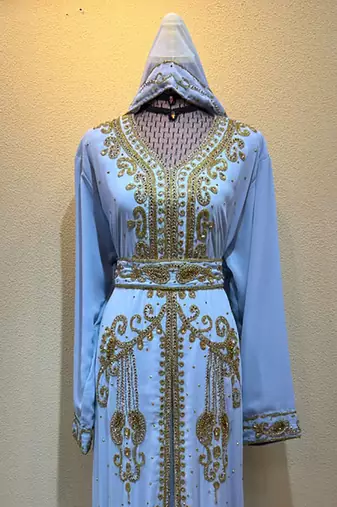 Sky Blue Embroidered Hooded Kaftan Dress with Gold Detailing Stitched Dresses