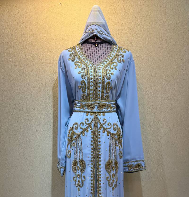 Sky Blue Embroidered Hooded Kaftan Dress with Gold Detailing Stitched Dresses