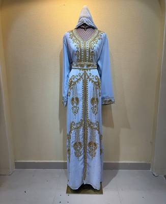 Sky Blue Embroidered Hooded Kaftan Dress with Gold Detailing Stitched Dresses 3