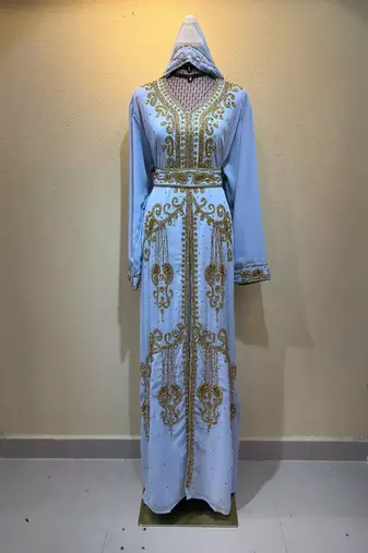 Sky Blue Embroidered Hooded Kaftan Dress with Gold Detailing Stitched Dresses