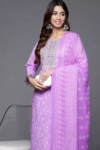 Floral Printed Thread Work Kurta with Trousers & Dupatta