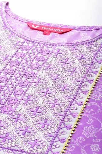 Floral Printed Thread Work Kurta with Trousers & Dupatta