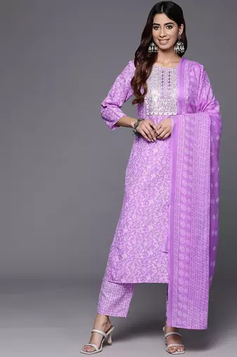 Floral Printed Thread Work Kurta with Trousers & Dupatta
