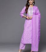 Floral Printed Thread Work Kurta with Trousers & Dupatta
