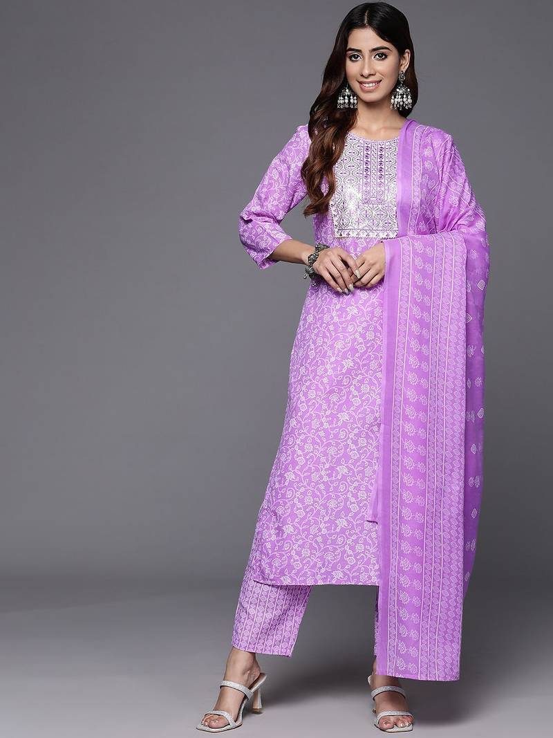 Floral Printed Thread Work Kurta with Trousers & Dupatta
