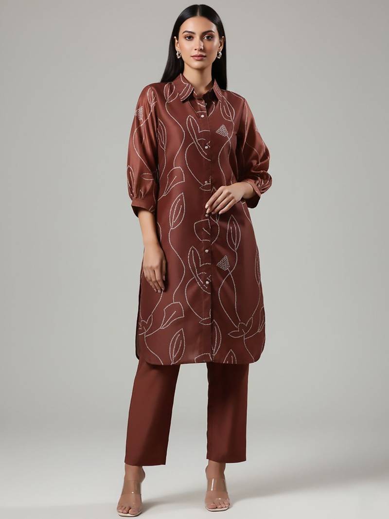 Women Bandhani Printed Regular Chanderi Silk Kurta with Trousers