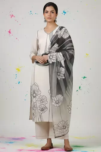 Women Floral Printed Regular Thread Work Pure Cotton Kurta with Trousers & With Dupatta