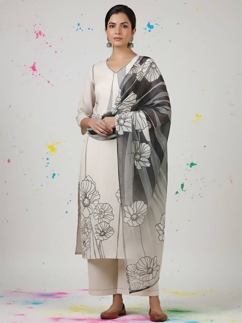 Women Floral Printed Regular Thread Work Pure Cotton Kurta with Trousers & With Dupatta