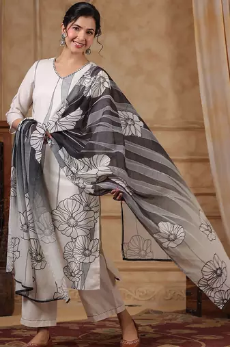 Women Floral Printed Regular Thread Work Pure Cotton Kurta with Trousers & With Dupatta