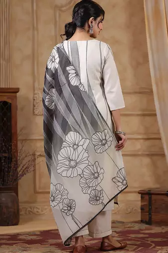 Women Floral Printed Regular Thread Work Pure Cotton Kurta with Trousers & With Dupatta