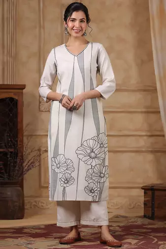 Women Floral Printed Regular Thread Work Pure Cotton Kurta with Trousers & With Dupatta