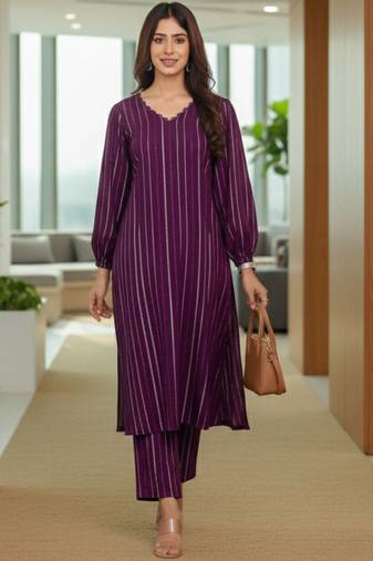 Women Striped Regular Silk Crepe Kurta with Trousers
