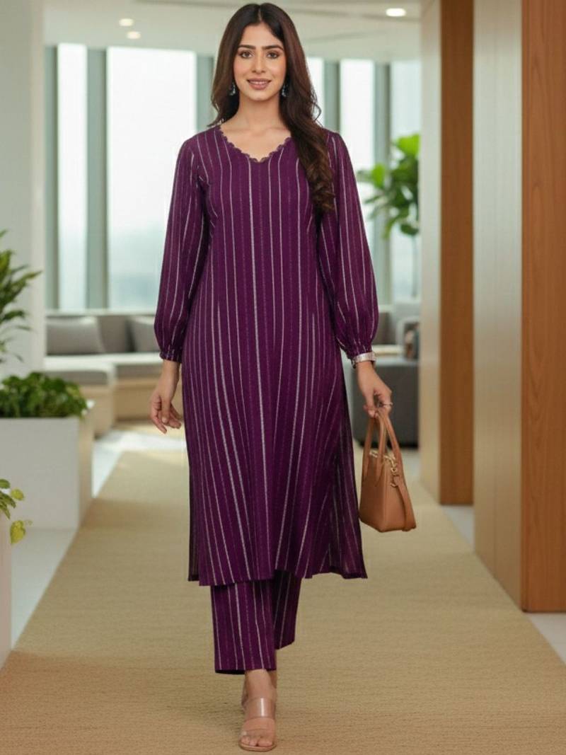 Women Striped Regular Silk Crepe Kurta with Trousers