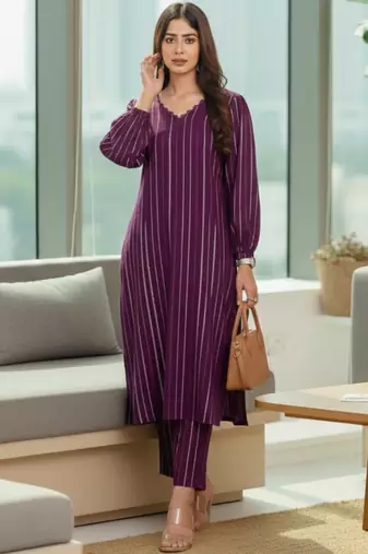 Women Striped Regular Silk Crepe Kurta with Trousers