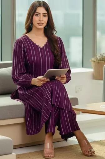 Women Striped Regular Silk Crepe Kurta with Trousers