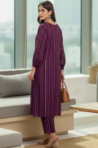 Women Striped Regular Silk Crepe Kurta with Trousers