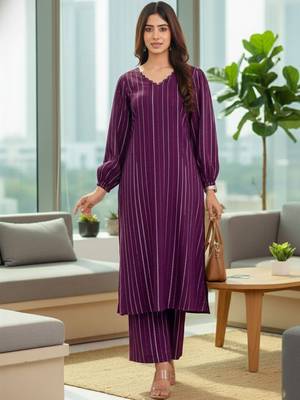 Women Striped Regular Silk Crepe Kurta with Trousers 5