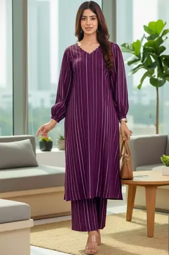 Women Striped Regular Silk Crepe Kurta with Trousers