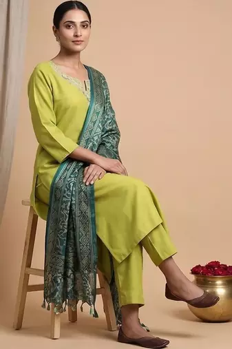Women Ethnic Motifs Embroidered Regular Thread Work Kurta with Trousers & With Dupatta