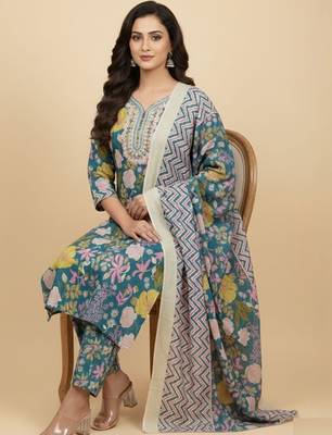 Women Floral Printed Regular Mirror Work Pure Cotton Kurta with Trousers & With Dupatta 1