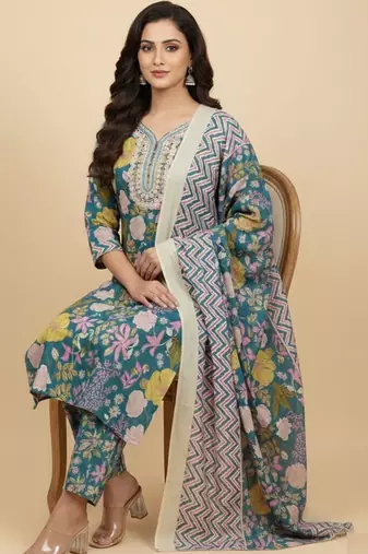 Women Floral Printed Regular Mirror Work Pure Cotton Kurta with Trousers & With Dupatta