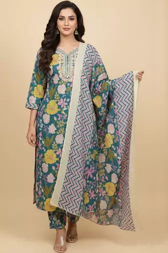 Women Floral Printed Regular Mirror Work Pure Cotton Kurta with Trousers & With Dupatta