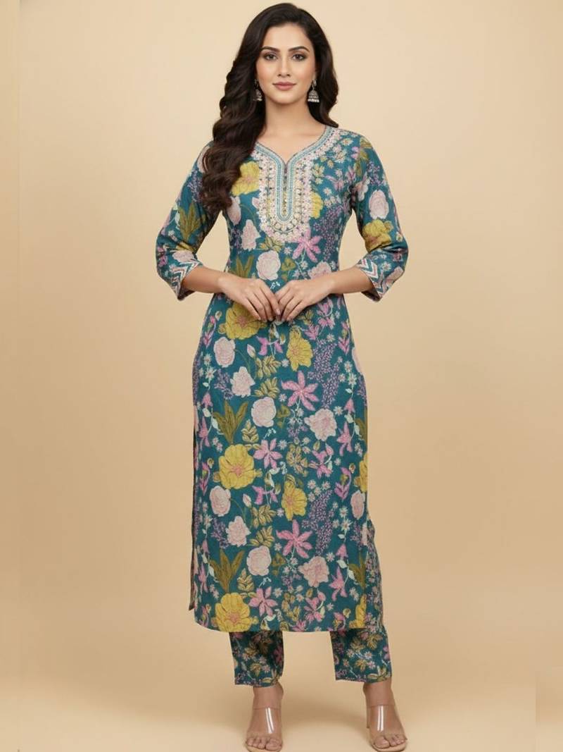 Women Floral Printed Regular Mirror Work Pure Cotton Kurta with Trousers & With Dupatta