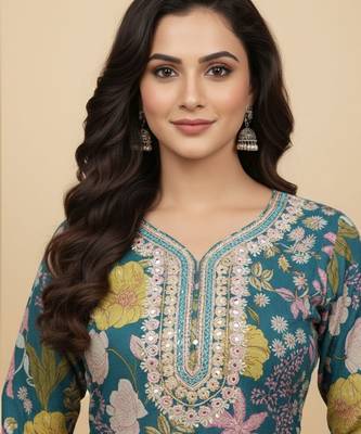 Women Floral Printed Regular Mirror Work Pure Cotton Kurta with Trousers & With Dupatta 4