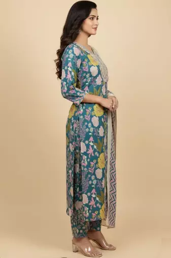 Women Floral Printed Regular Mirror Work Pure Cotton Kurta with Trousers & With Dupatta