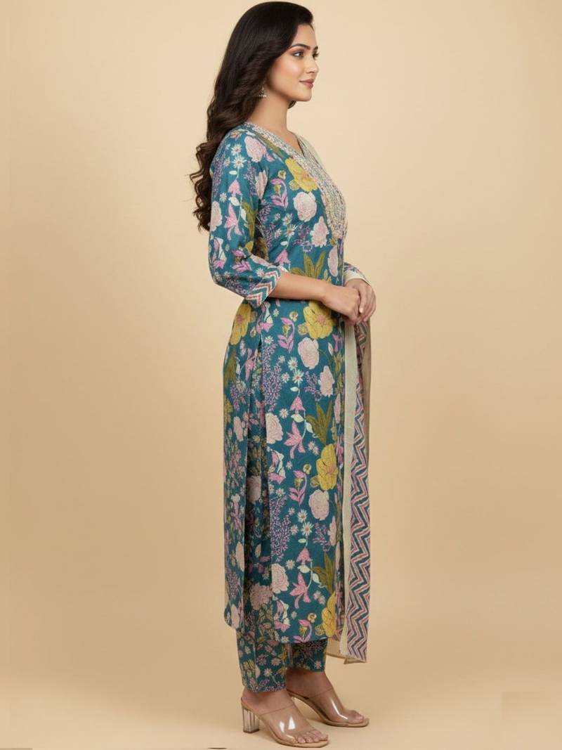 Women Floral Printed Regular Mirror Work Pure Cotton Kurta with Trousers & With Dupatta