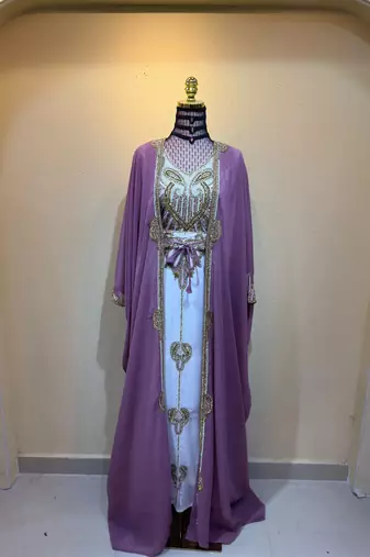 Elegant Mauve Purple Kaftan Gown with Gold Embroidery & Flowing Cape Stitched Dresses