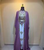 Elegant Mauve Purple Kaftan Gown with Gold Embroidery & Flowing Cape Stitched Dresses