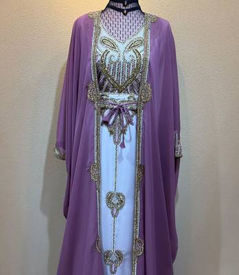 Elegant Mauve Purple Kaftan Gown with Gold Embroidery & Flowing Cape Stitched Dresses 2