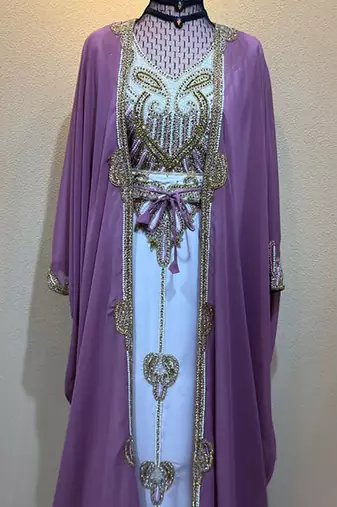 Elegant Mauve Purple Kaftan Gown with Gold Embroidery & Flowing Cape Stitched Dresses