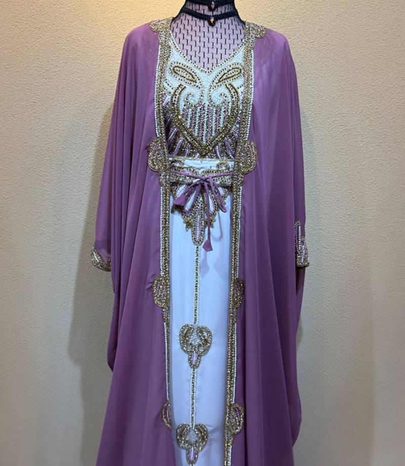 Elegant Mauve Purple Kaftan Gown with Gold Embroidery & Flowing Cape Stitched Dresses