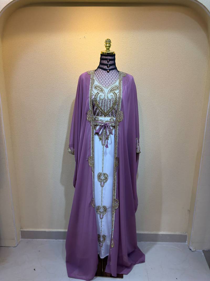 Elegant Mauve Purple Kaftan Gown with Gold Embroidery & Flowing Cape Stitched Dresses