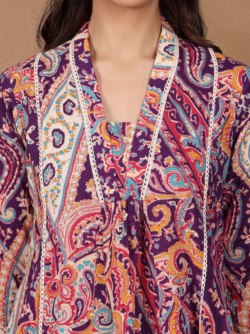 Women Paisley Printed Cotton A-Line Kurta with Trousers