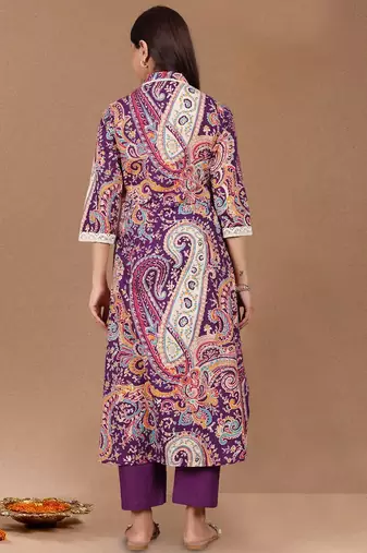Women Paisley Printed Cotton A-Line Kurta with Trousers