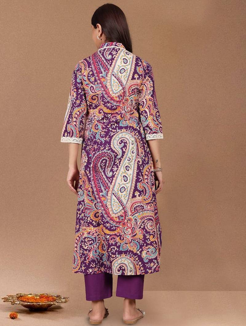 Women Paisley Printed Cotton A-Line Kurta with Trousers