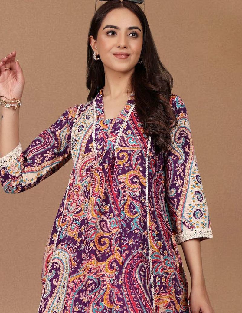 Women Paisley Printed Cotton A-Line Kurta with Trousers
