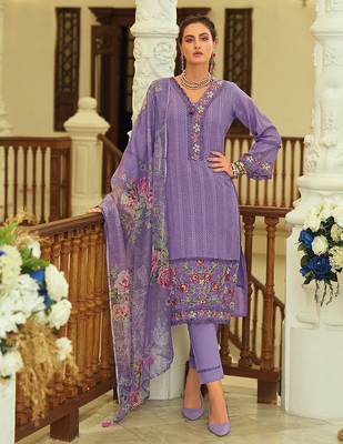 Geometric Printed Notch Neck Thread Work Pure Cotton Kurta With Trouser & Dupatta 1