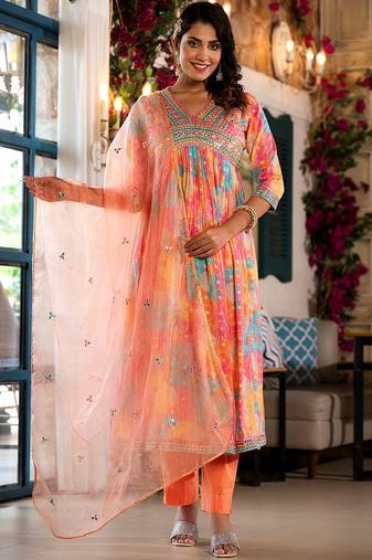 Bandhani Printed Mirror Work Anarkali Kurta With Trouser & Dupatta