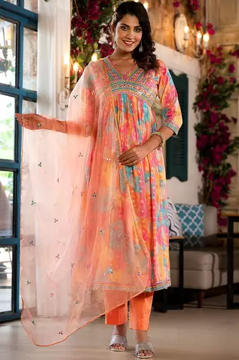 Bandhani Printed Mirror Work Anarkali Kurta With Trouser & Dupatta