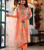 Bandhani Printed Mirror Work Anarkali Kurta With Trouser & Dupatta